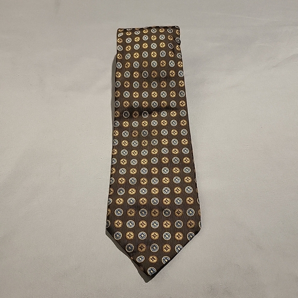 Luciano Barbera Brown and Gold Geometric Silk Tie - Picture 1 of 3